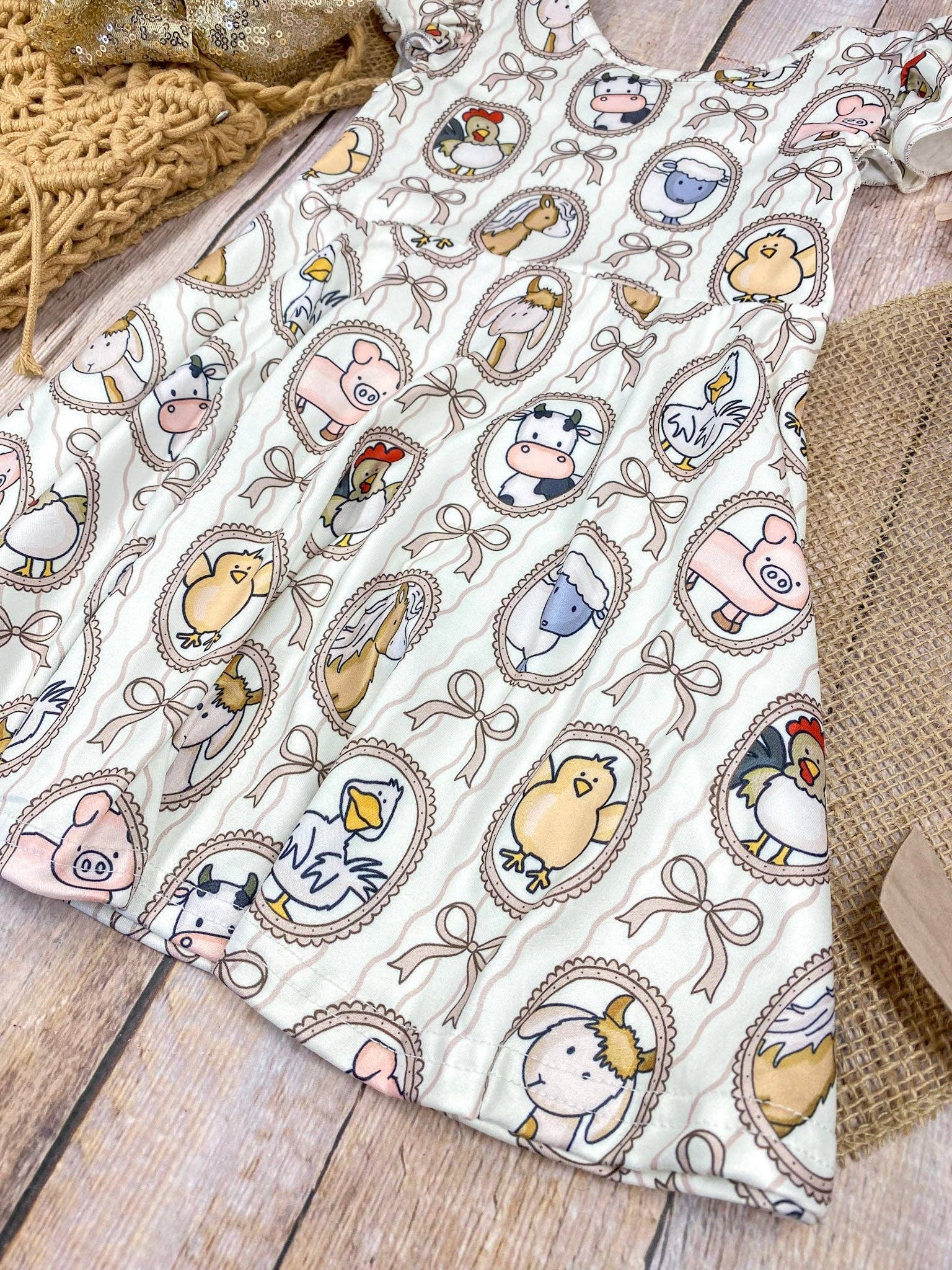 Farm Friends Cameo Twirl Dress | Girls Farm Animal Flutter Sleeve Dress