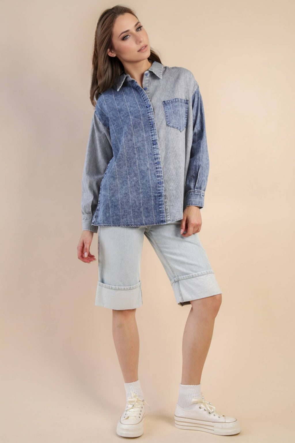 Vintage denim patchwork button up ￼