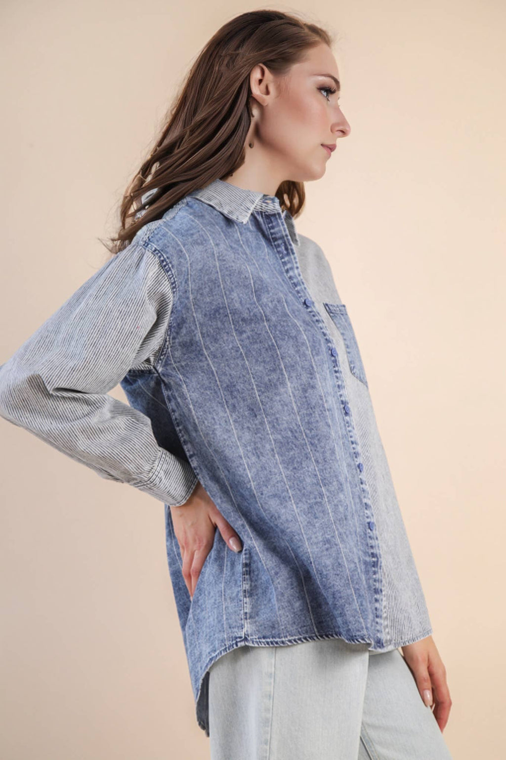 Vintage denim patchwork button up ￼