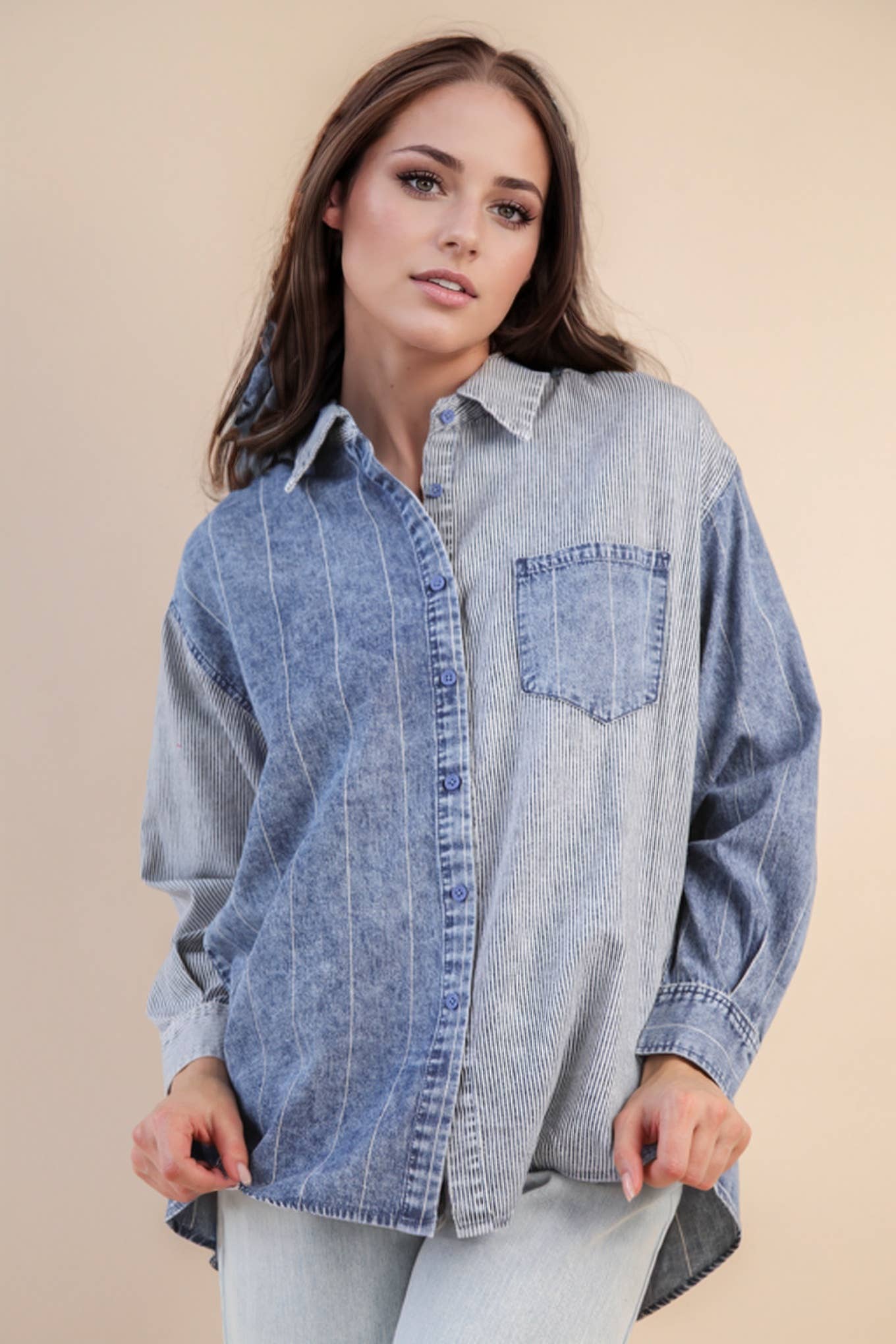 Vintage denim patchwork button up ￼