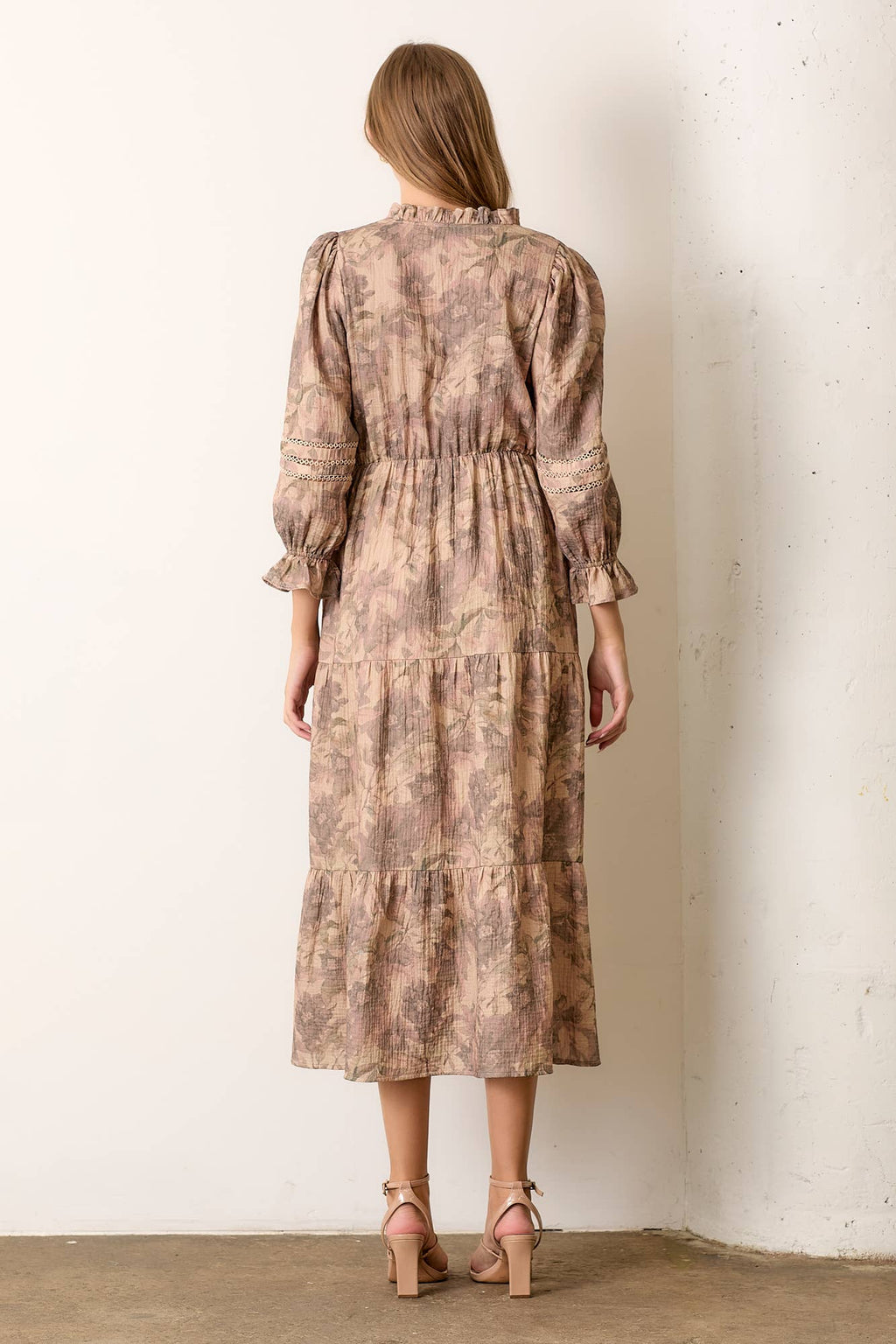 PRINTED TIERED LONG SLEEVE MAXI DRESS