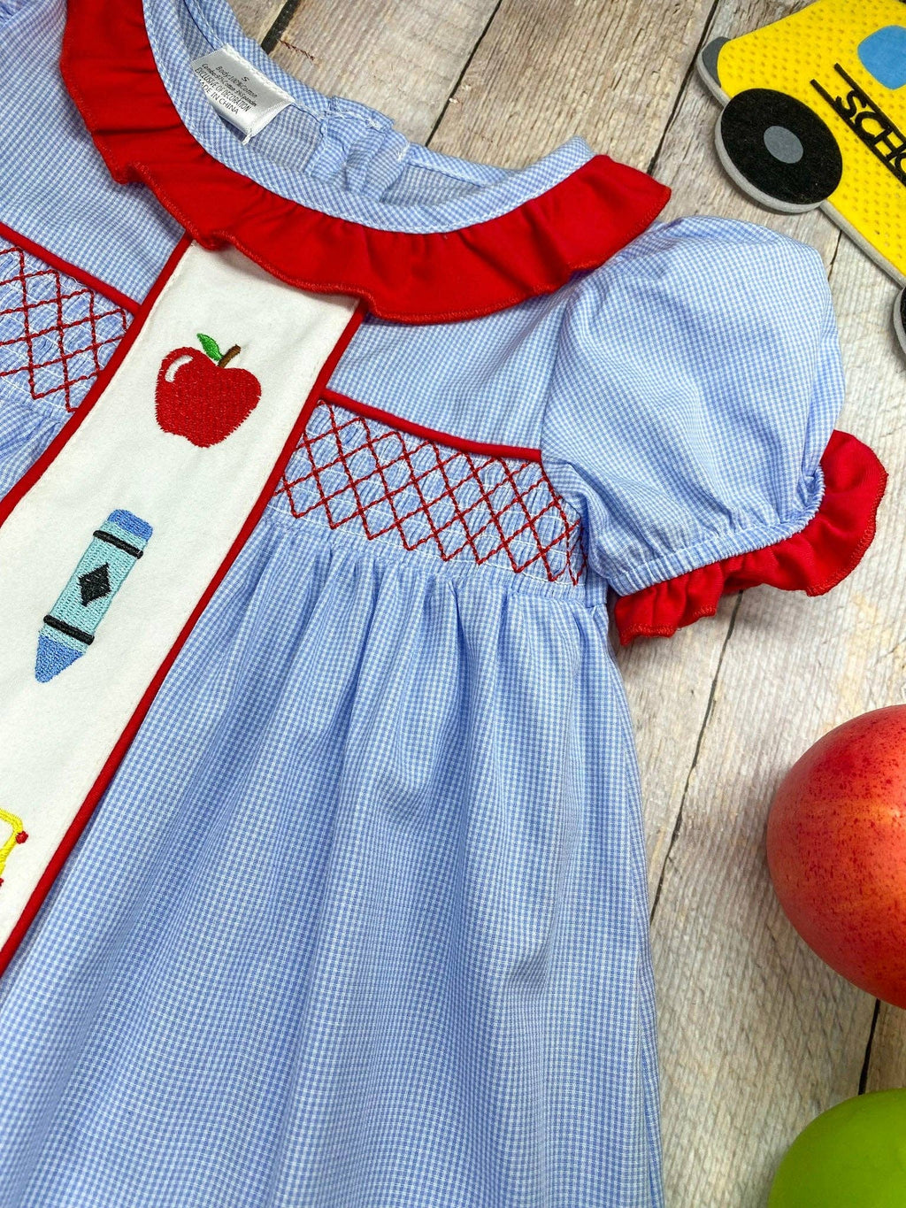 School Supplies Embroidery Red Collared Dress