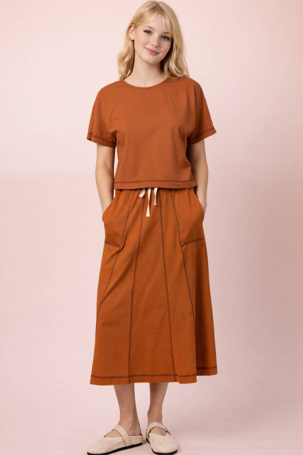 Haley’s stitch detail casual midi skirt