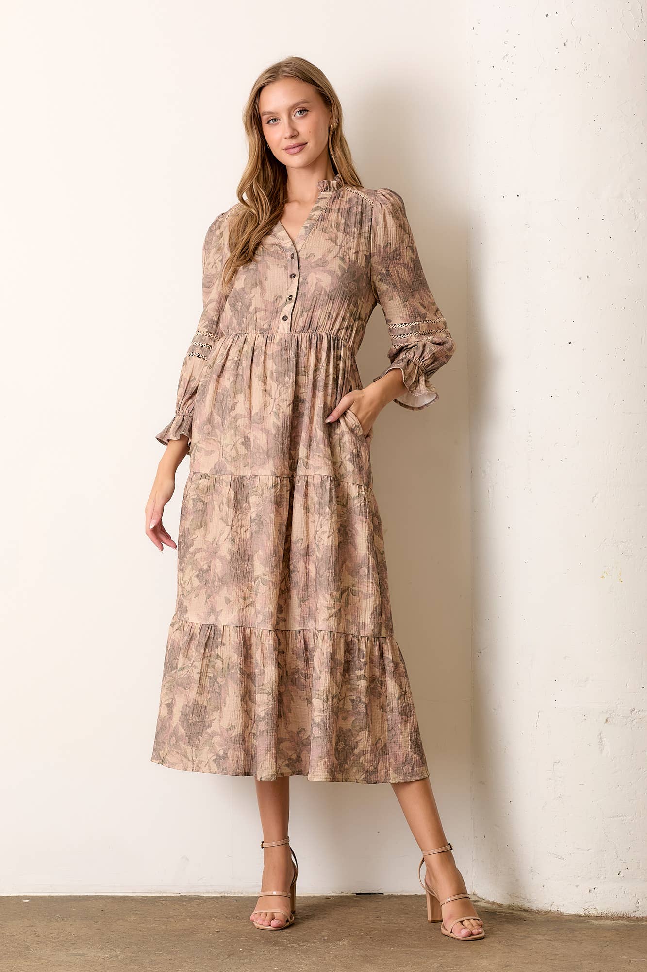 PRINTED TIERED LONG SLEEVE MAXI DRESS