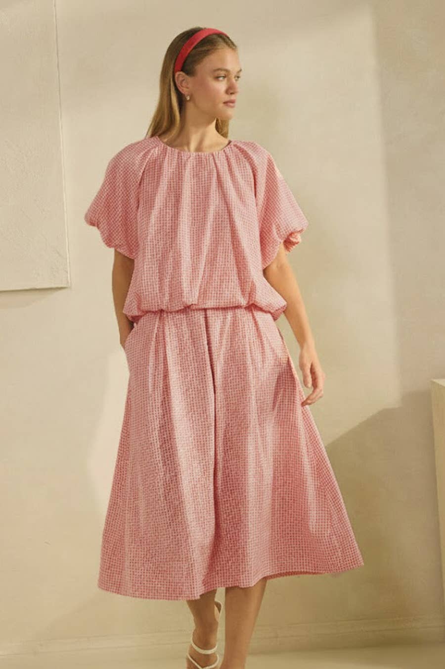 Short-sleeve Gingham Top Matching Skirt Set