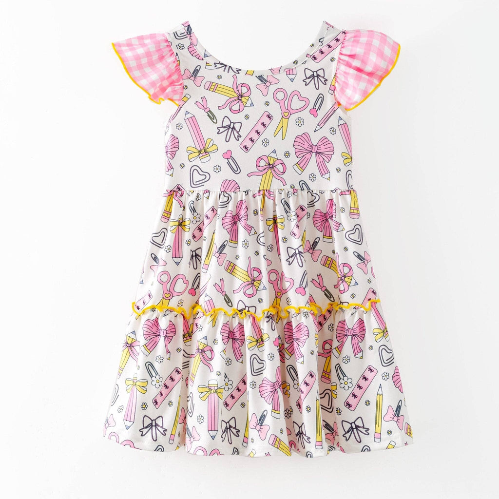 School Supplies Bow Print Dress | Girls Back to School Dress