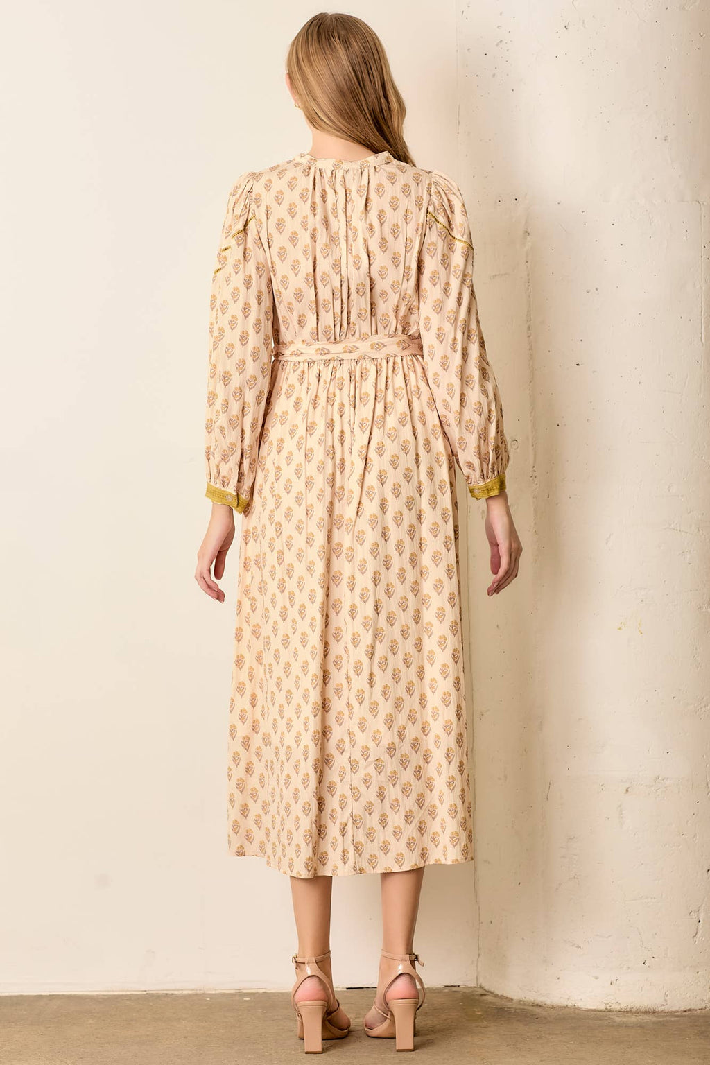 PRINTED LACE TRIM V-NECK BUTTON UP MAXI DRESS