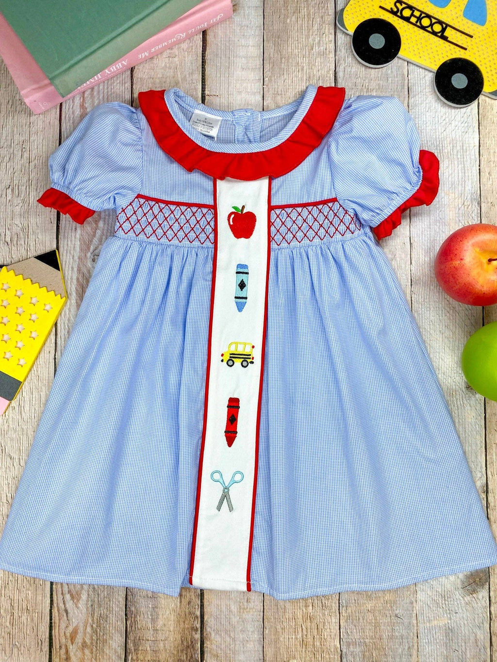 School Supplies Embroidery Red Collared Dress