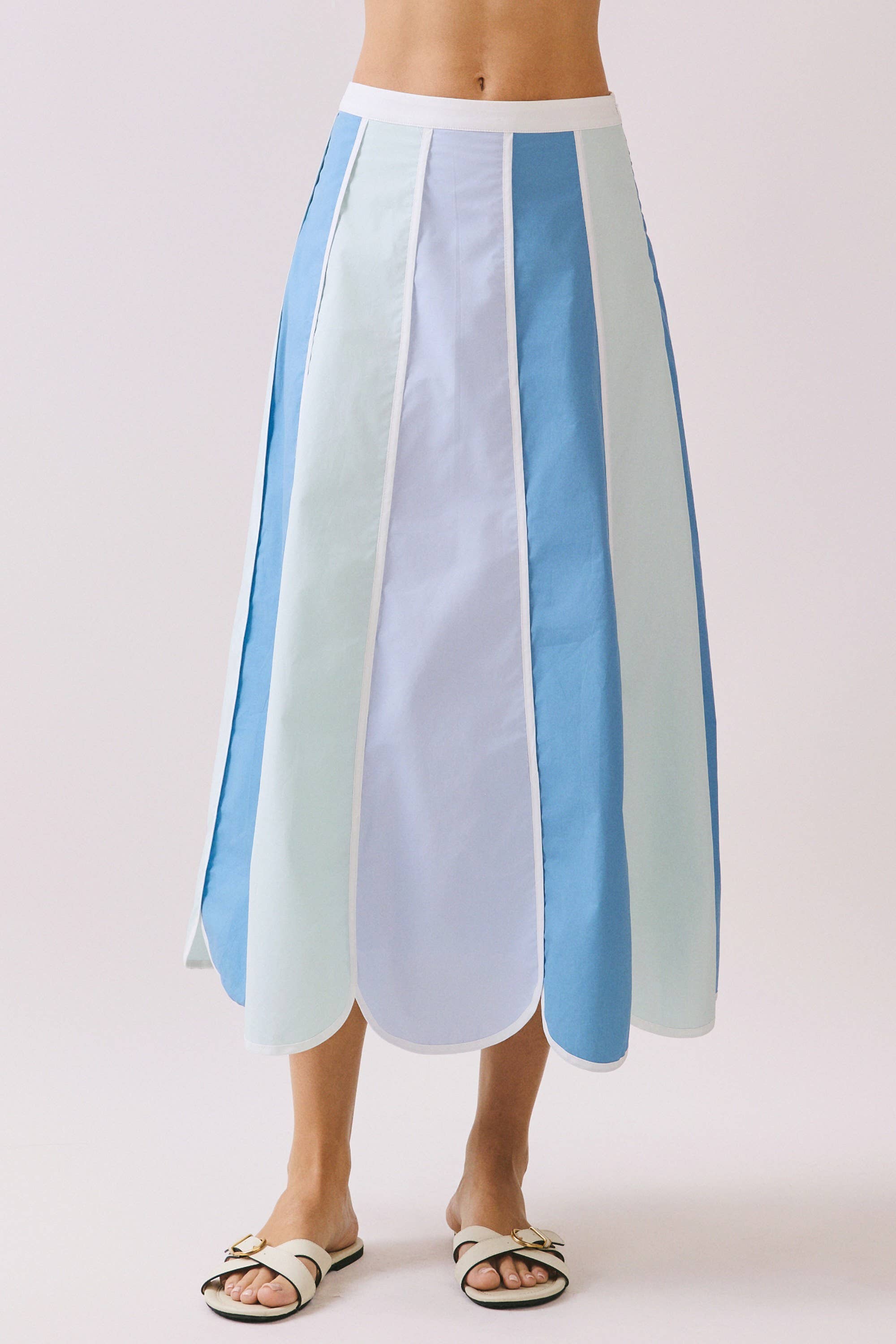 Scalloped Color Block Paneled Design A Line Midi Skirt