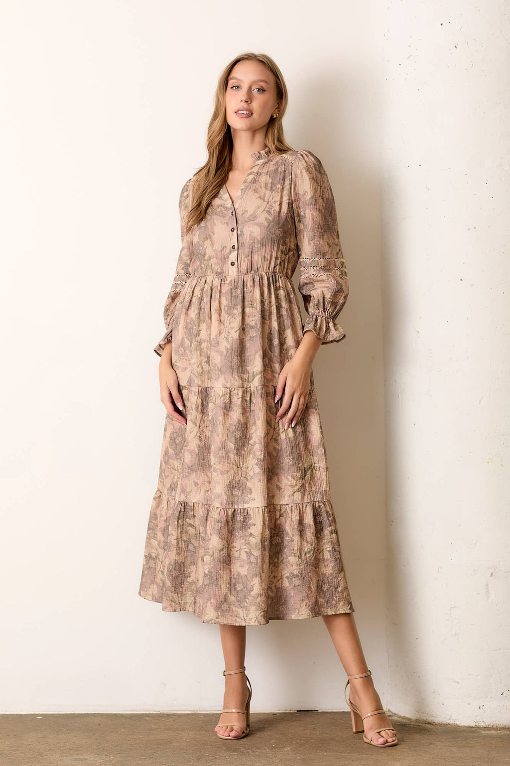 PRINTED TIERED LONG SLEEVE MAXI DRESS