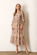 PRINTED TIERED LONG SLEEVE MAXI DRESS