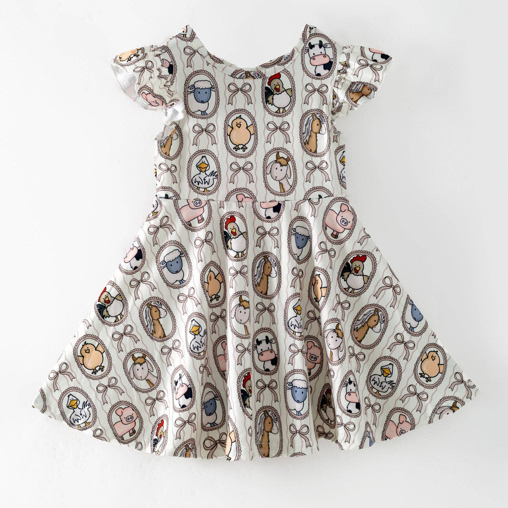 Farm Friends Cameo Twirl Dress | Girls Farm Animal Flutter Sleeve Dress