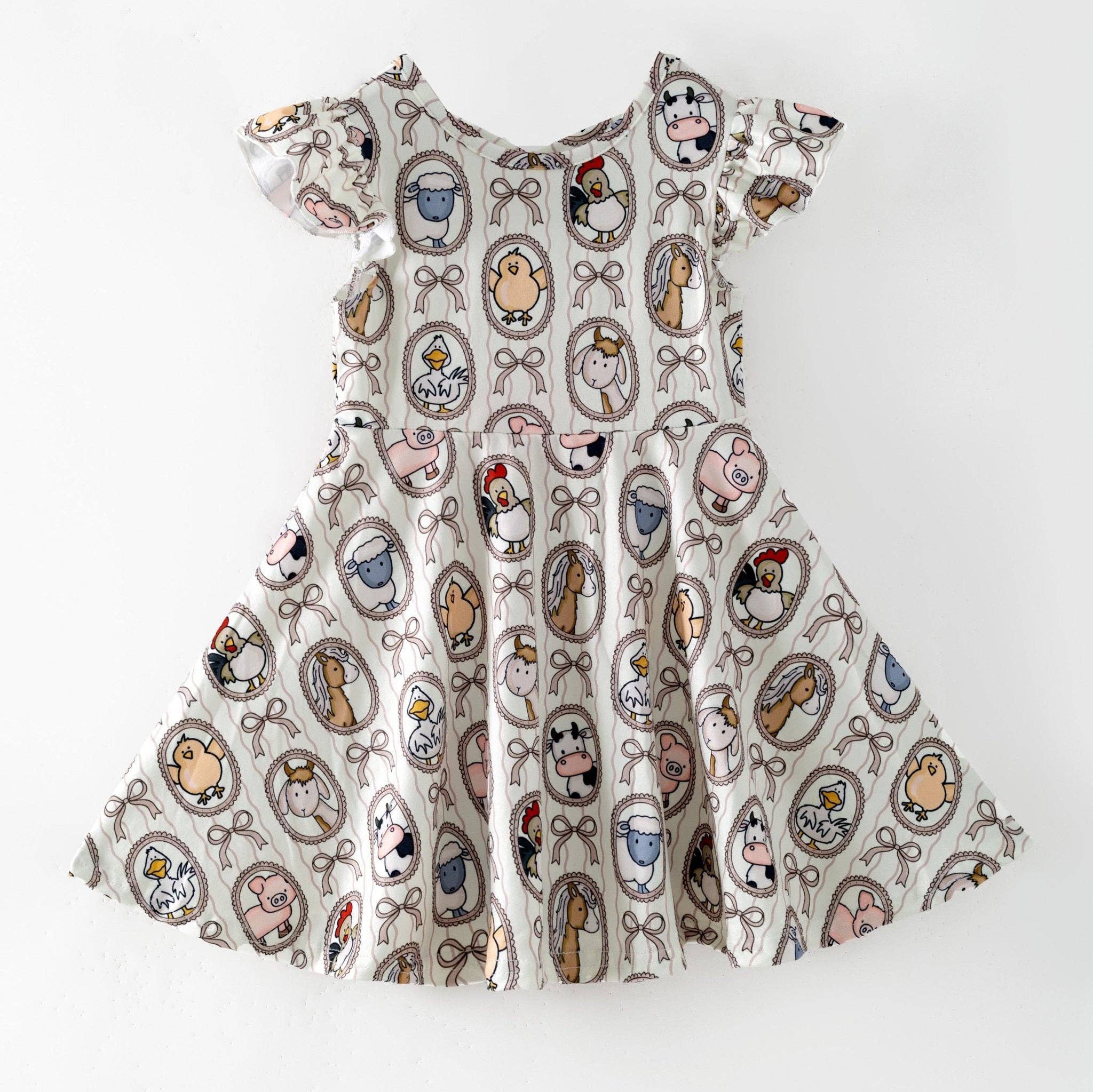 Farm Friends Cameo Twirl Dress | Girls Farm Animal Flutter Sleeve Dress