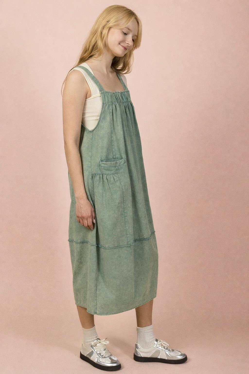 Acid washed Washed Denim Overall Casual Midi Dress