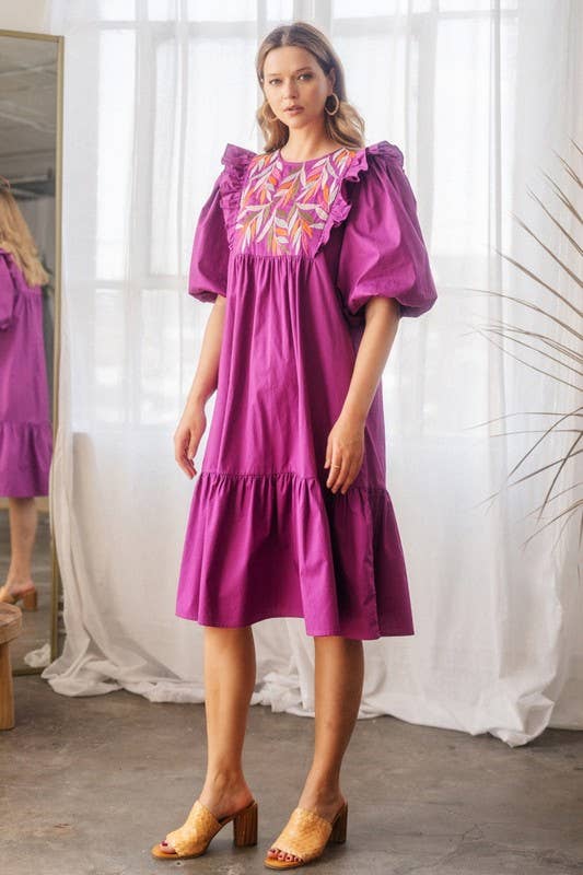 Solid Poplin Ruffled Midi Dress