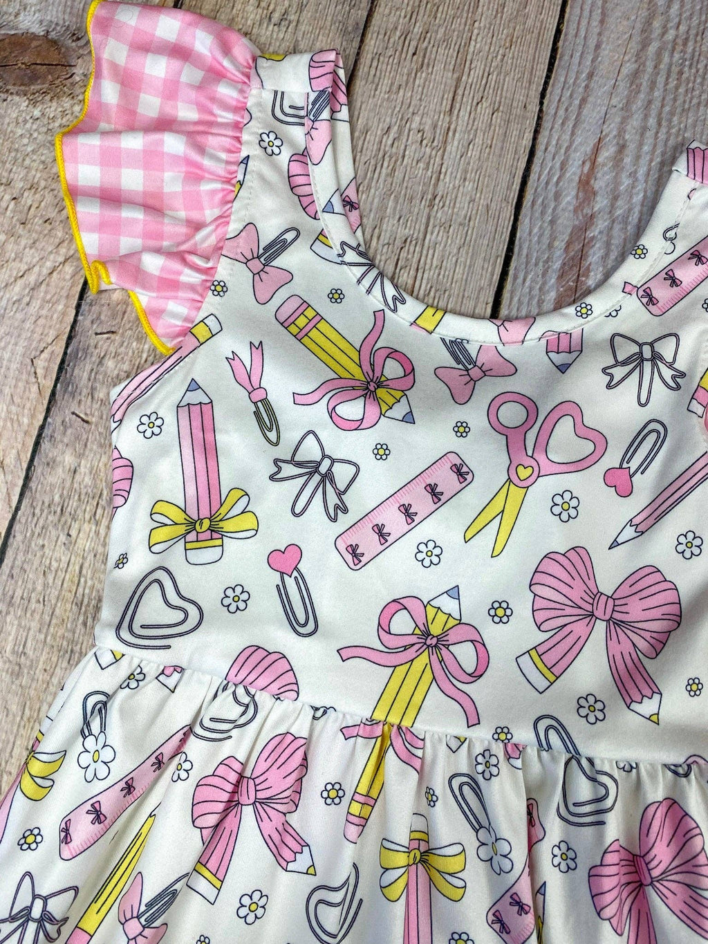 School Supplies Bow Print Dress | Girls Back to School Dress