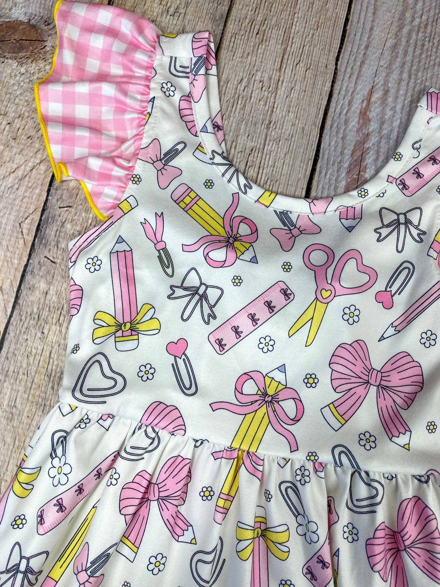 School Supplies Bow Print Dress | Girls Back to School Dress