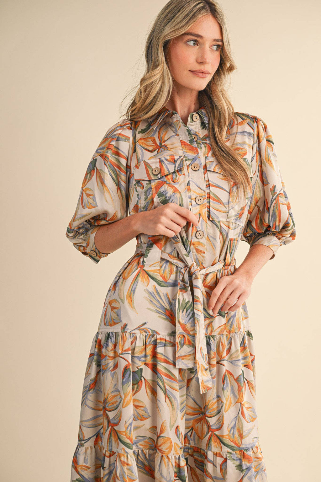 Golden Palm Shirtdress Midi
