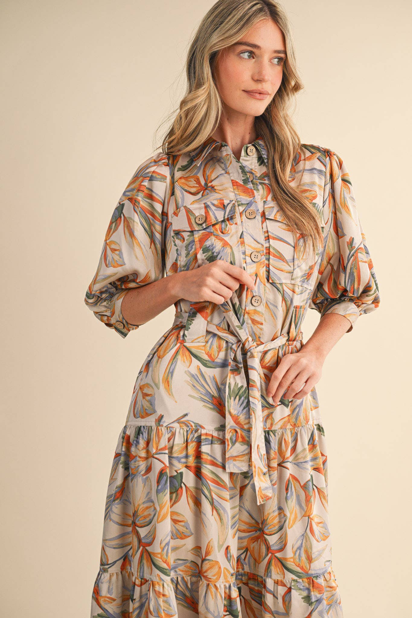 Golden Palm Shirtdress Midi