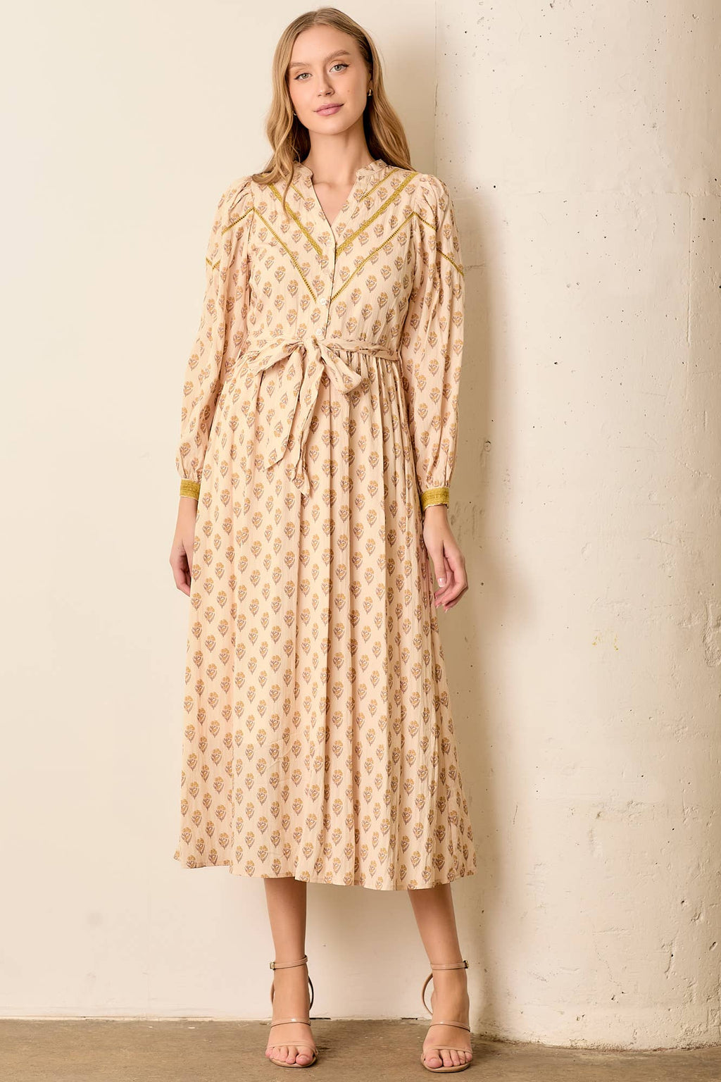 PRINTED LACE TRIM V-NECK BUTTON UP MAXI DRESS