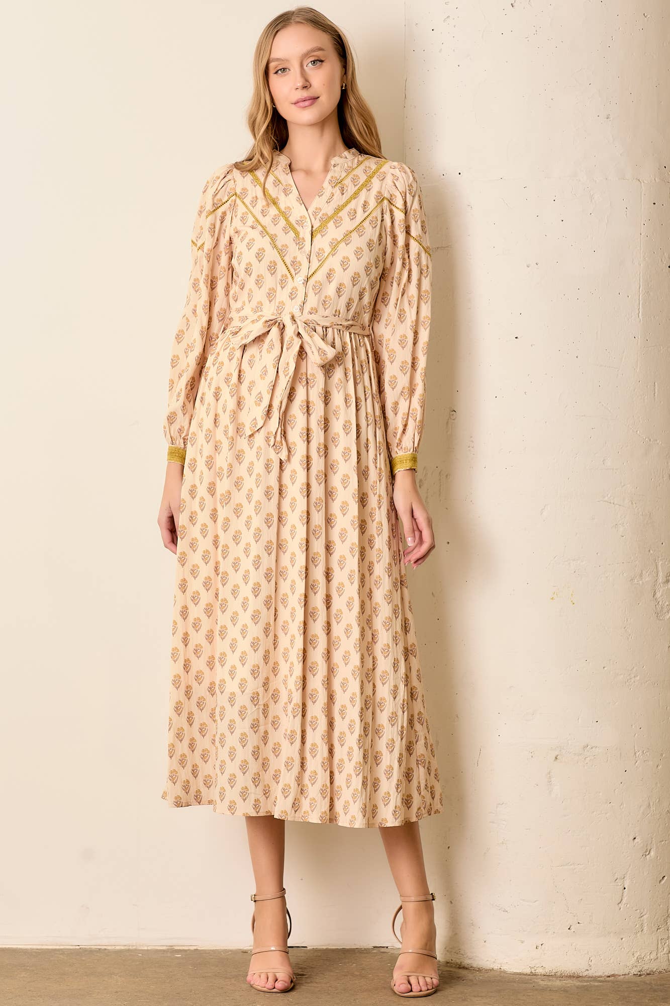 PRINTED LACE TRIM V-NECK BUTTON UP MAXI DRESS