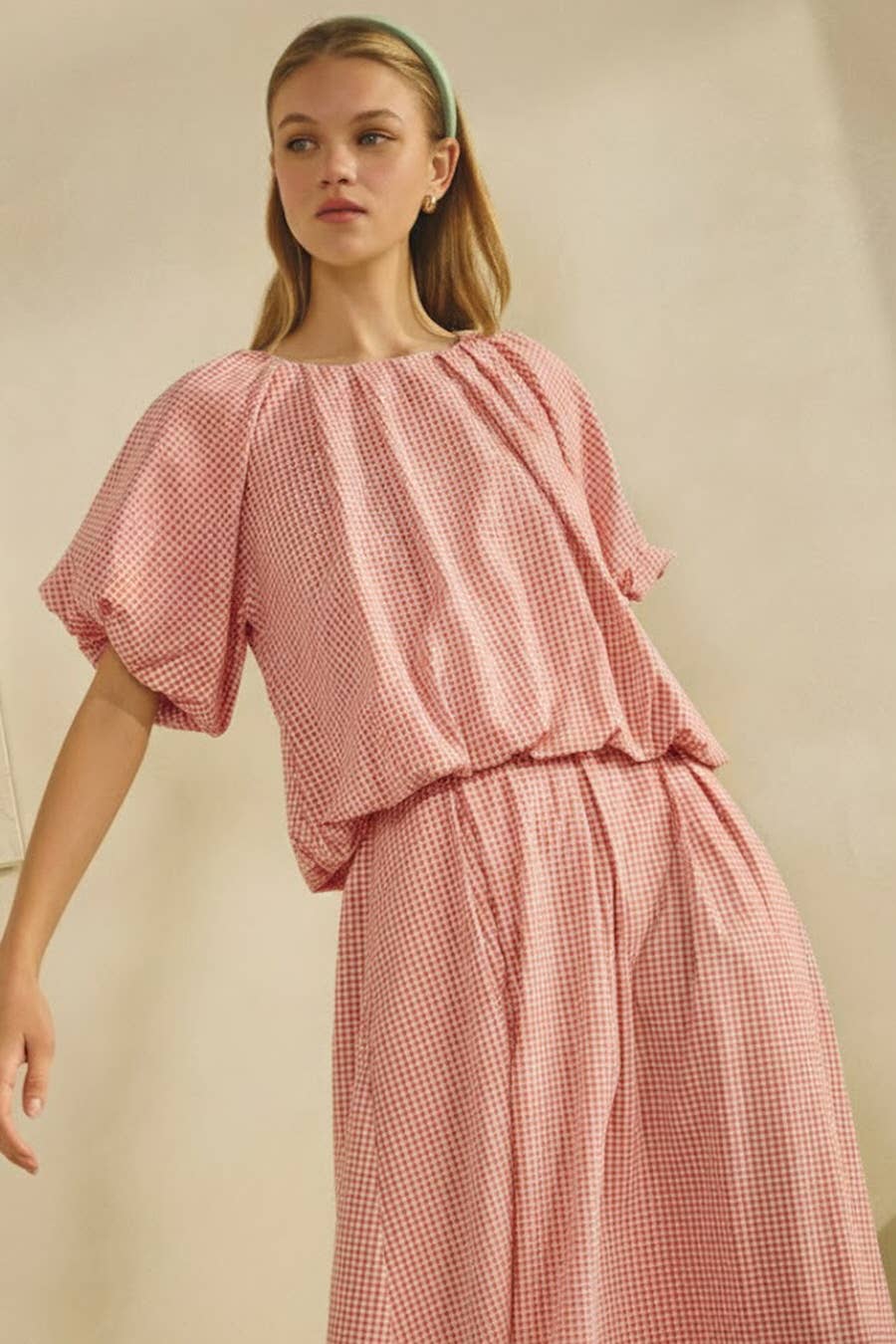 Short-sleeve Gingham Top Matching Skirt Set