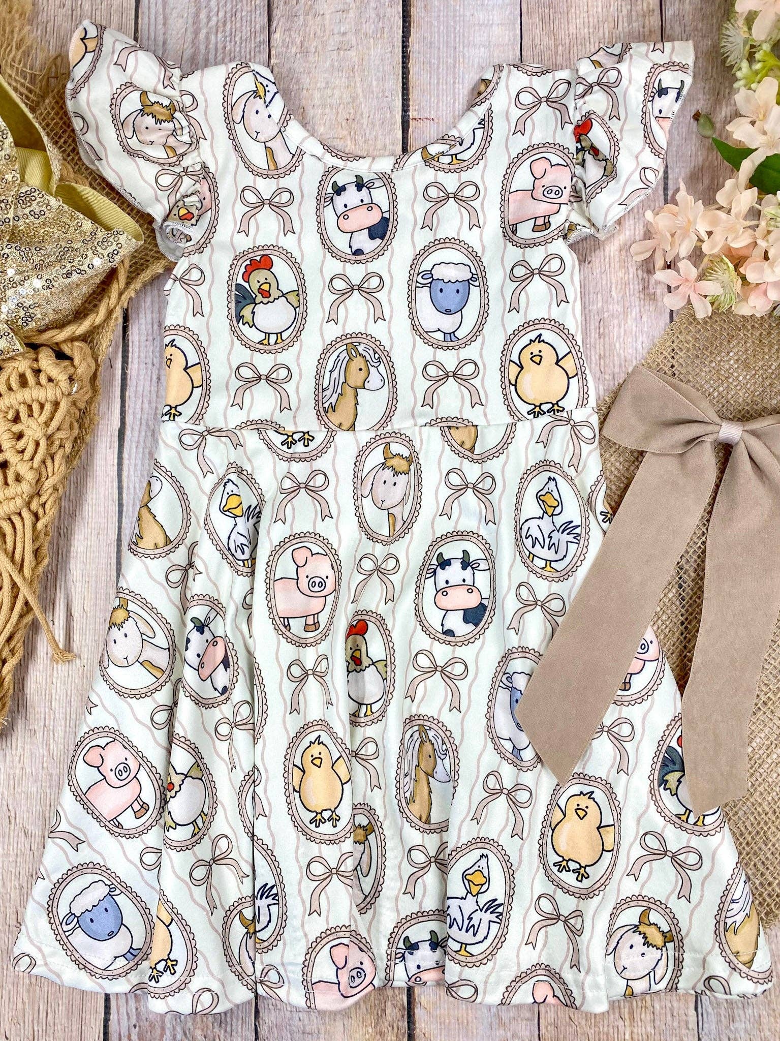 Farm Friends Cameo Twirl Dress | Girls Farm Animal Flutter Sleeve Dress