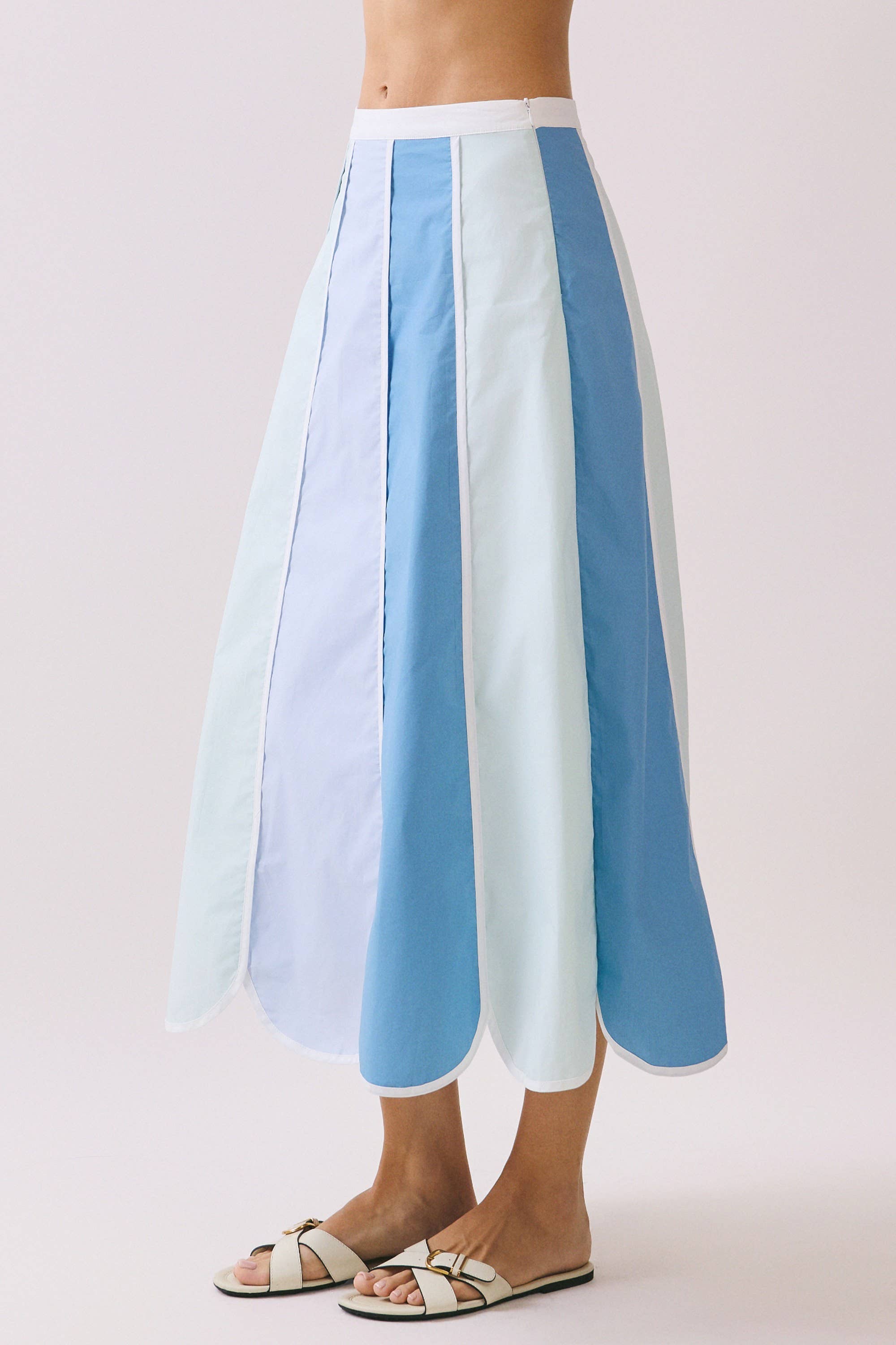 Scalloped Color Block Paneled Design A Line Midi Skirt