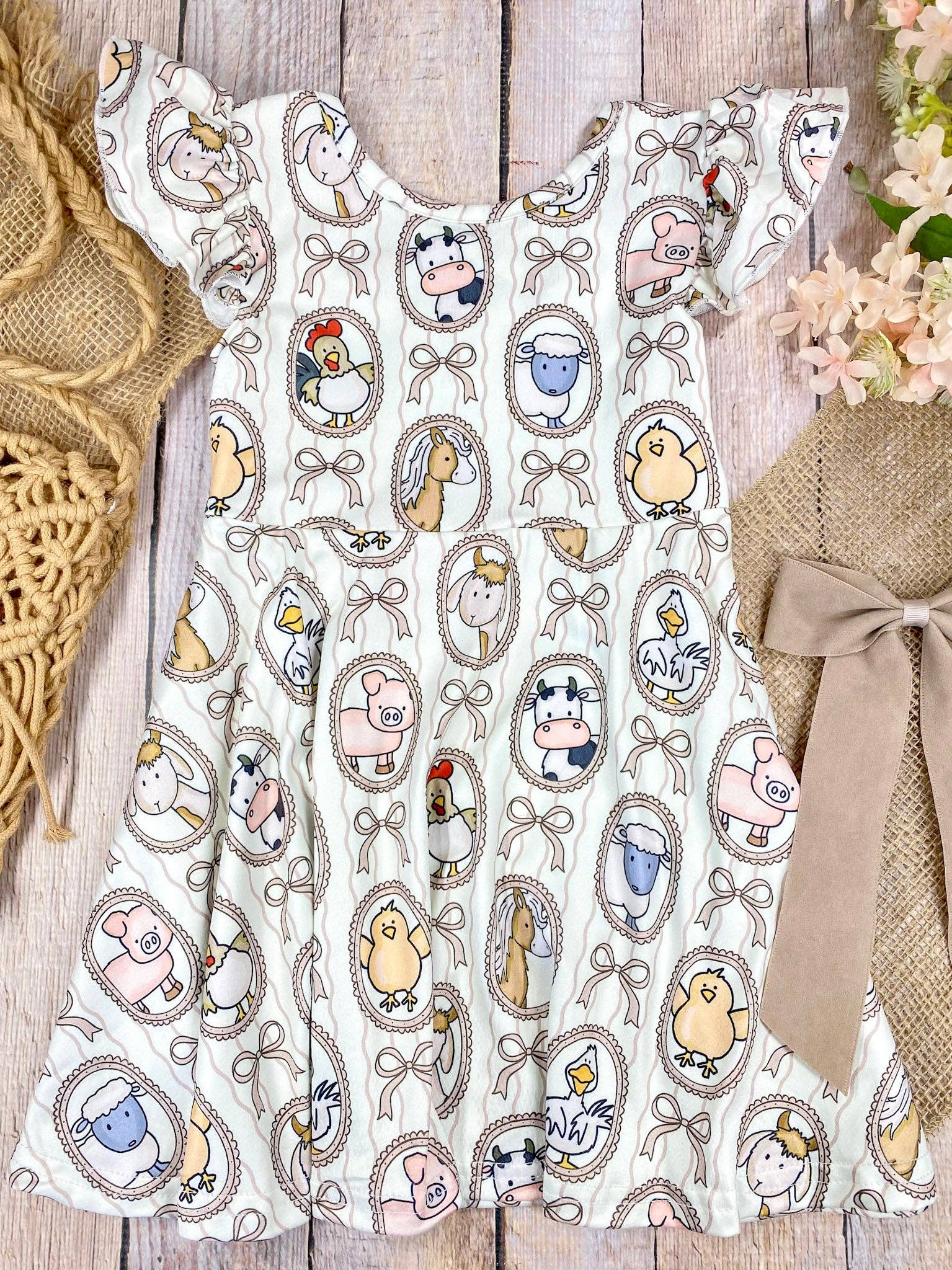 Farm Friends Cameo Twirl Dress | Girls Farm Animal Flutter Sleeve Dress