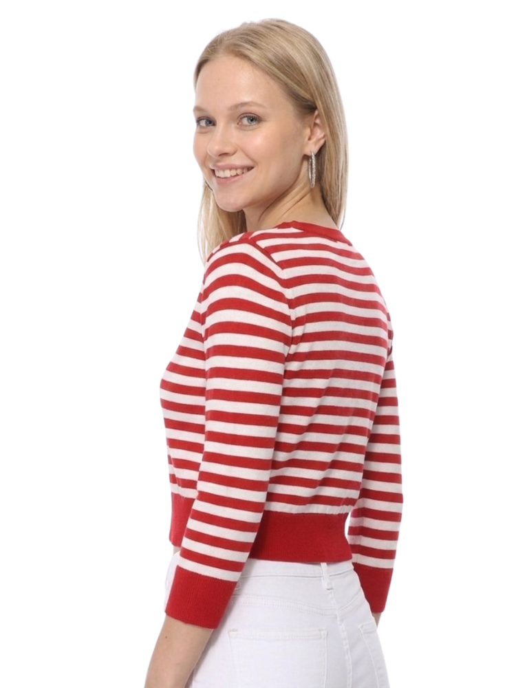 3/4 Sleeve Crewneck Striped Sweater Cardigan MK3521