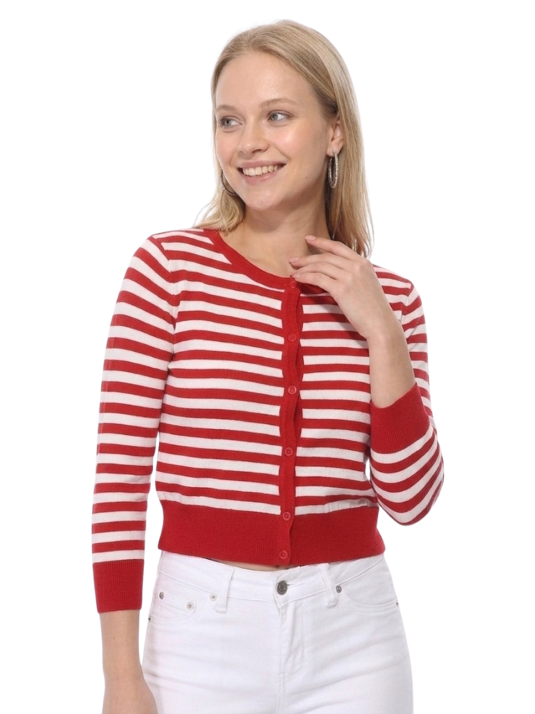 3/4 Sleeve Crewneck Striped Sweater Cardigan MK3521