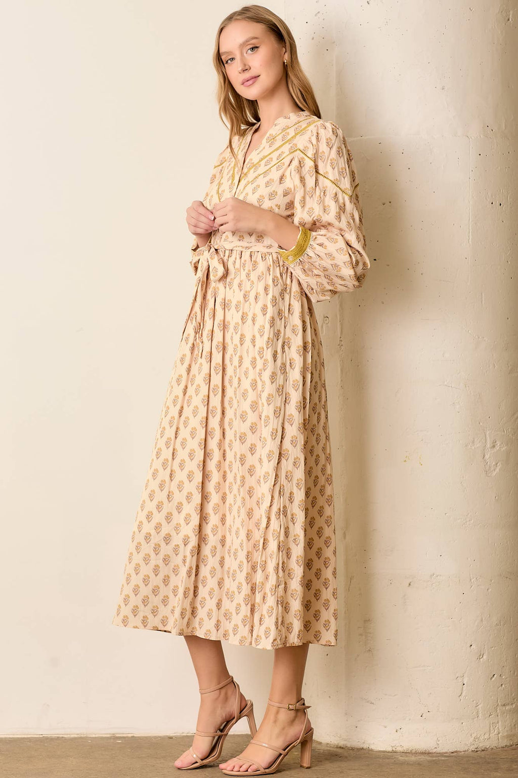 PRINTED LACE TRIM V-NECK BUTTON UP MAXI DRESS