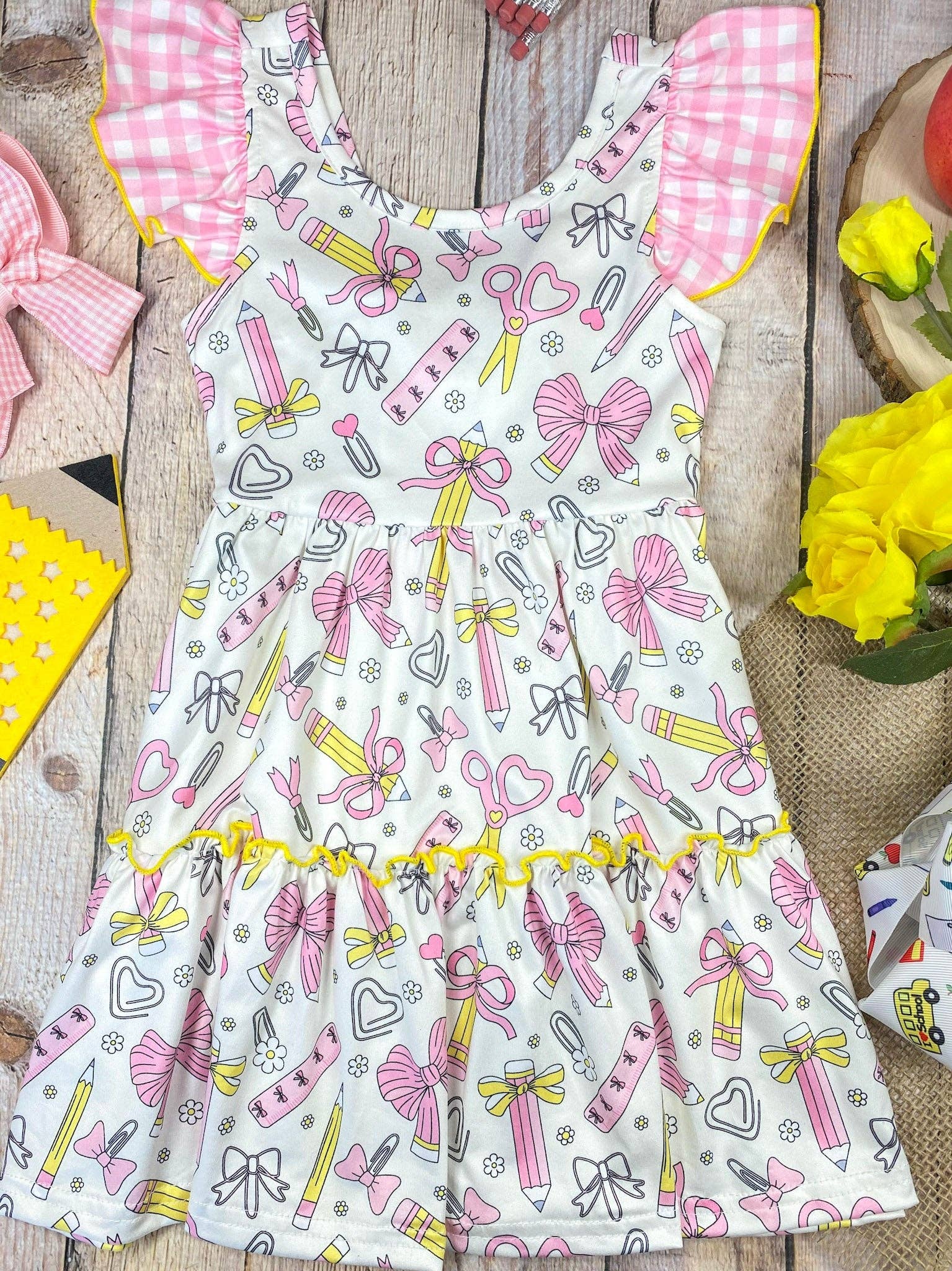 School Supplies Bow Print Dress | Girls Back to School Dress