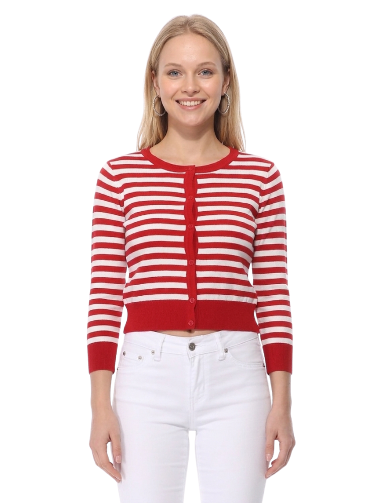 3/4 Sleeve Crewneck Striped Sweater Cardigan MK3521