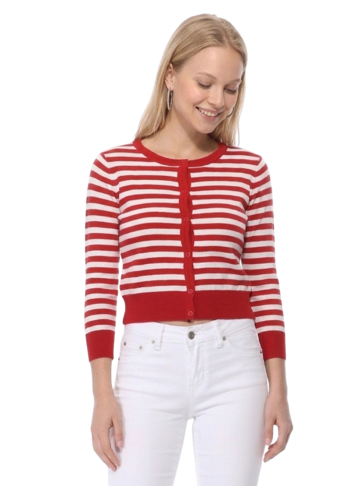 3/4 Sleeve Crewneck Striped Sweater Cardigan MK3521
