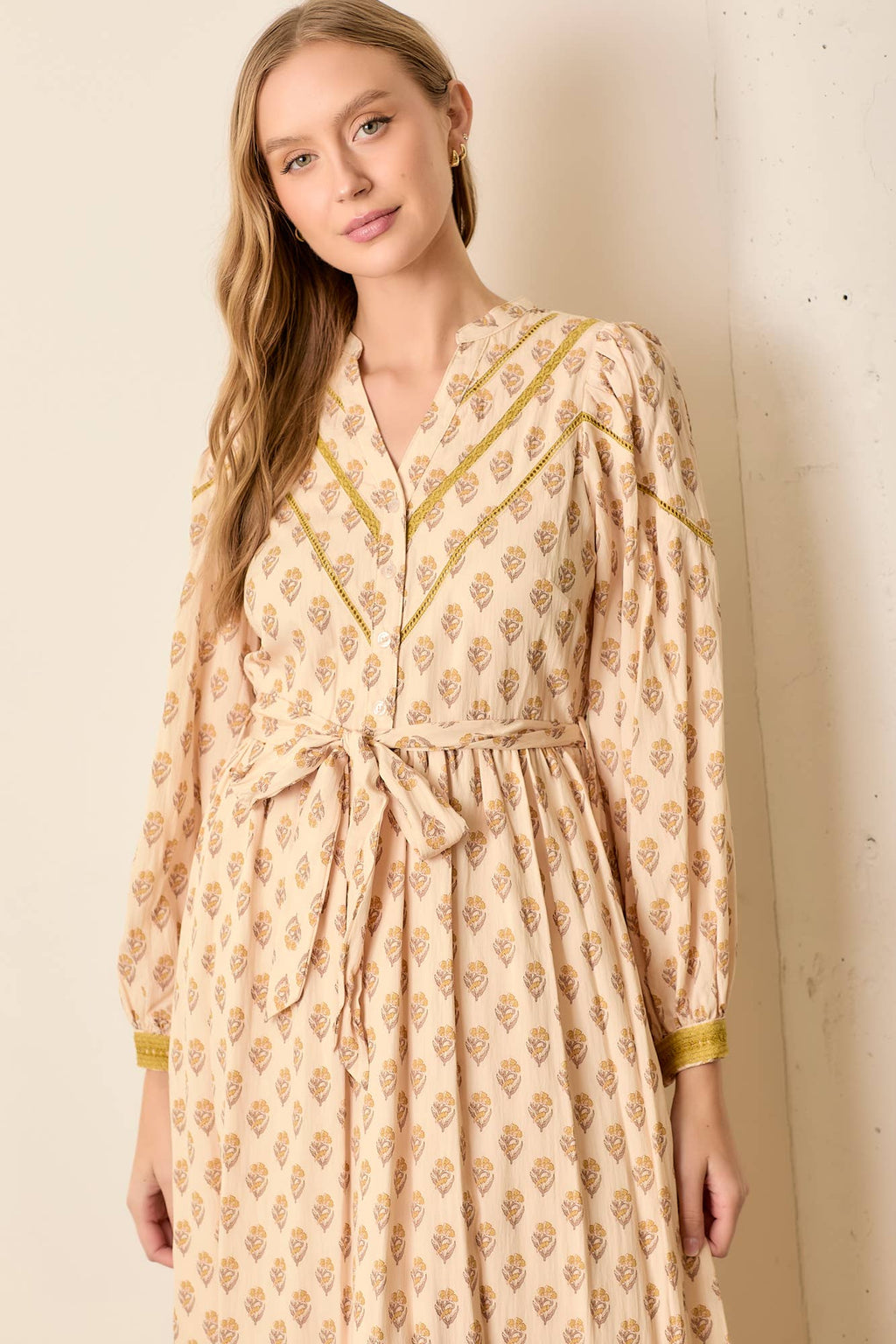 PRINTED LACE TRIM V-NECK BUTTON UP MAXI DRESS