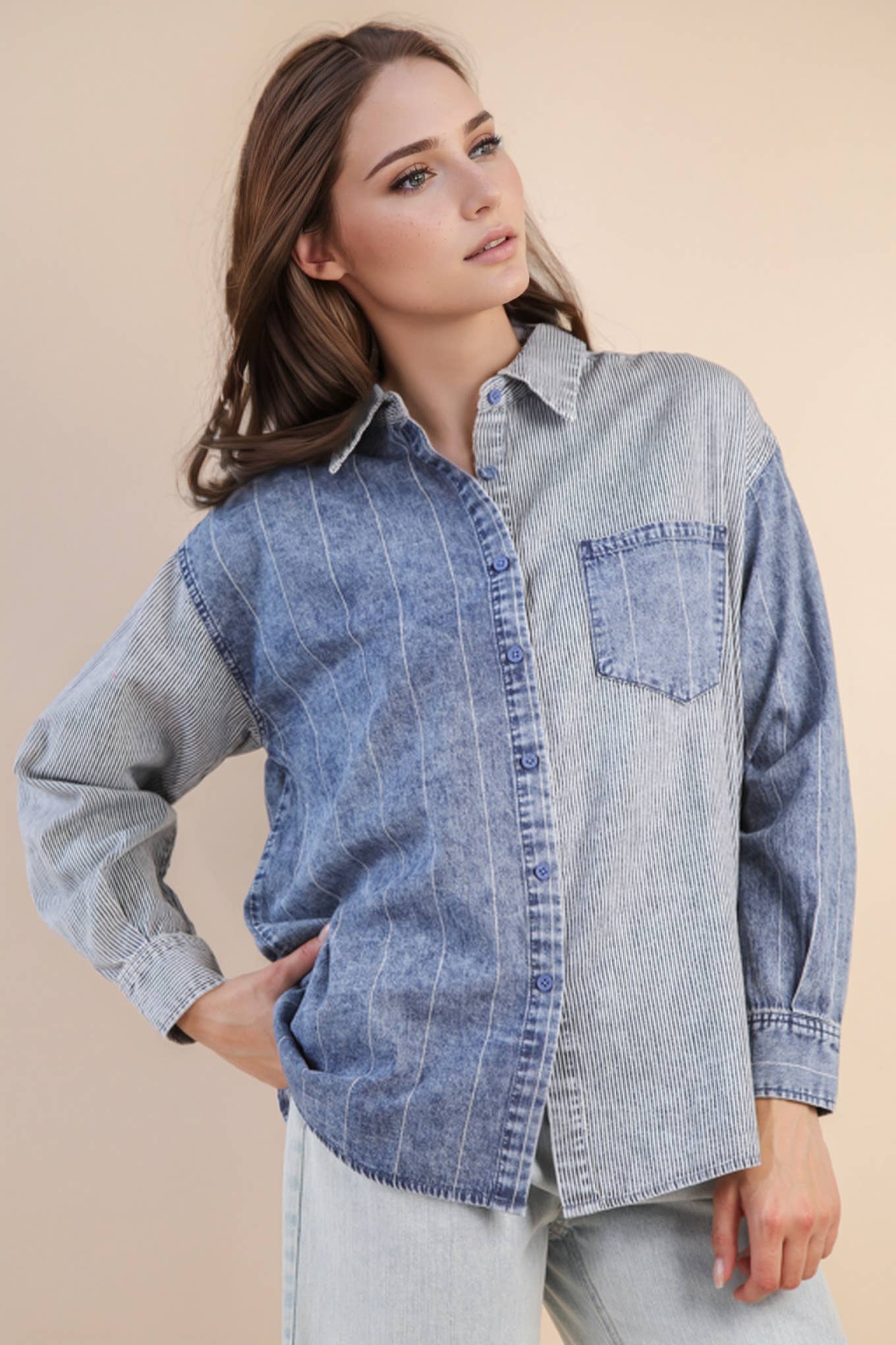 Vintage denim patchwork button up ￼