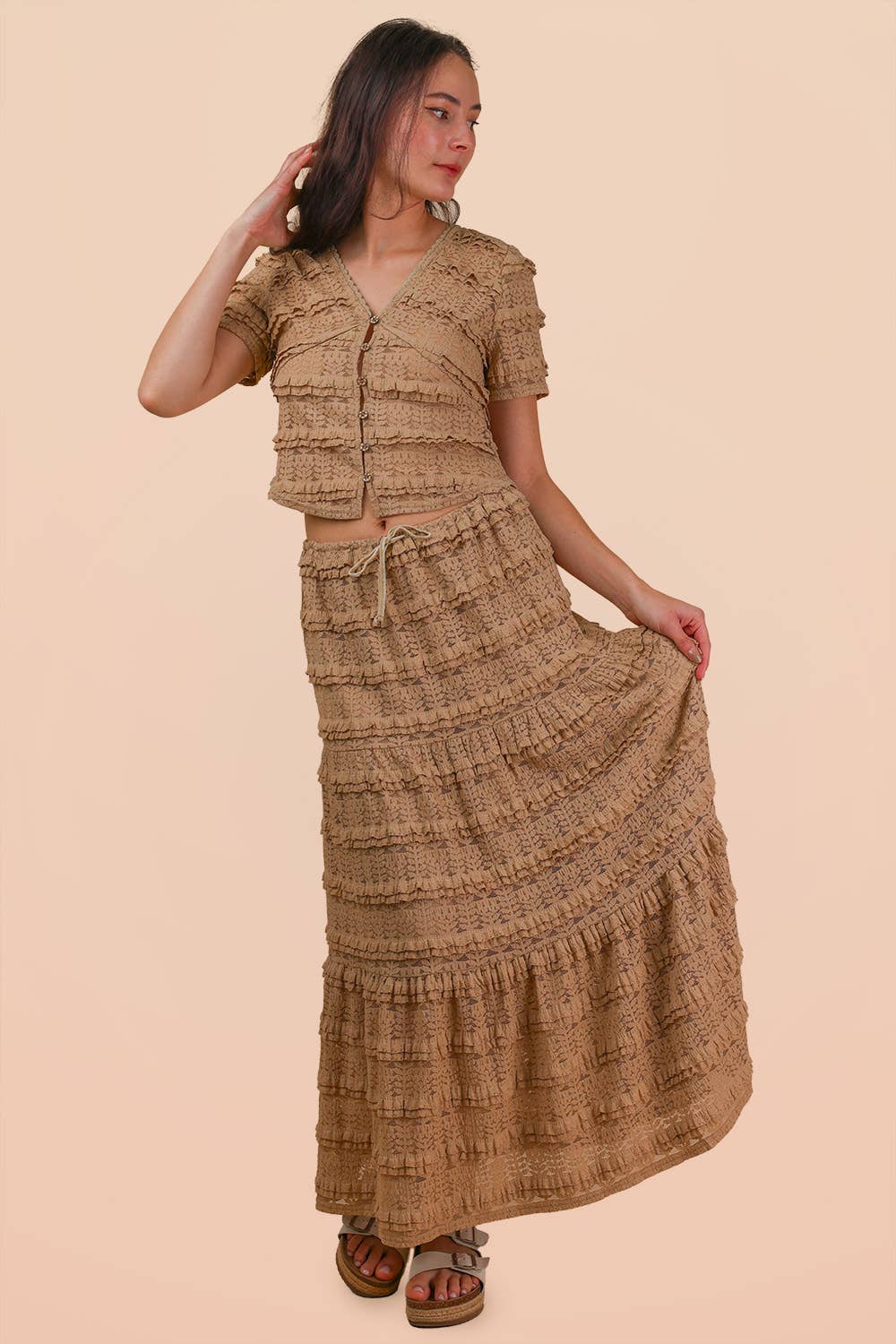 Lightweight Soft Tiered Layered Lace Midi Skirt